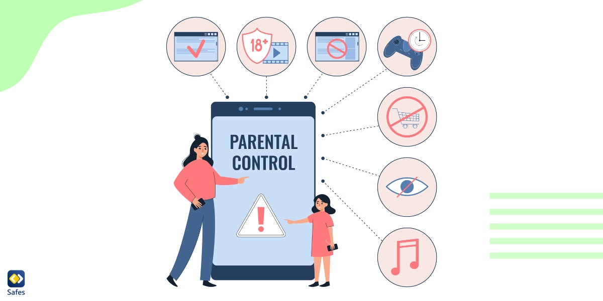 An illustration of a child and her mother standing in front of a giant phone screen with icons around it showing the 7 key features of online safety on parental control apps