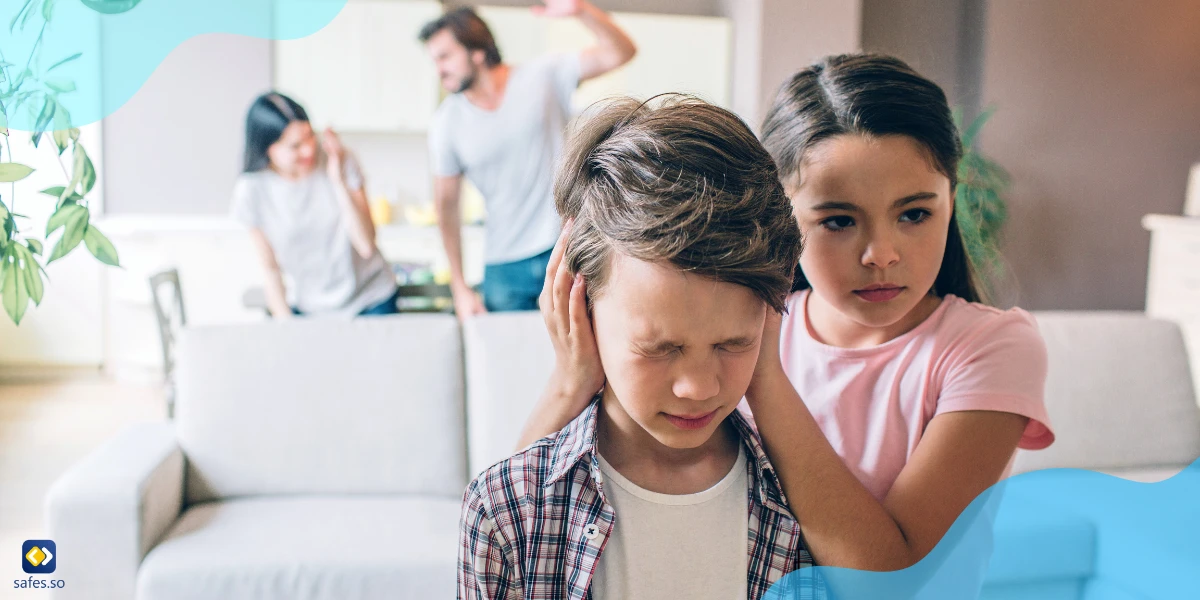 eglectful parents fighting in the background while sad and terrified children are standing in the foreground