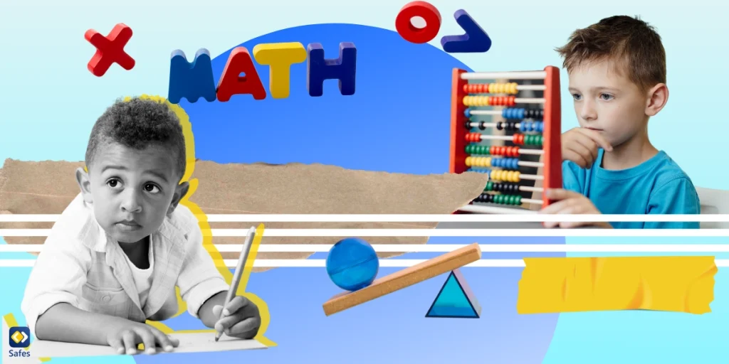 A collage depicting the theme of dyscalculia in kids, featuring a variety of images such as a kid doing math problems.