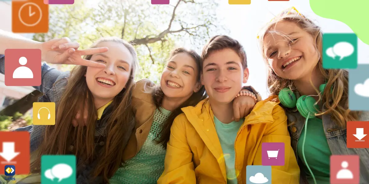 a group of teens taking a photo together smiling for social media with several social media icons around them