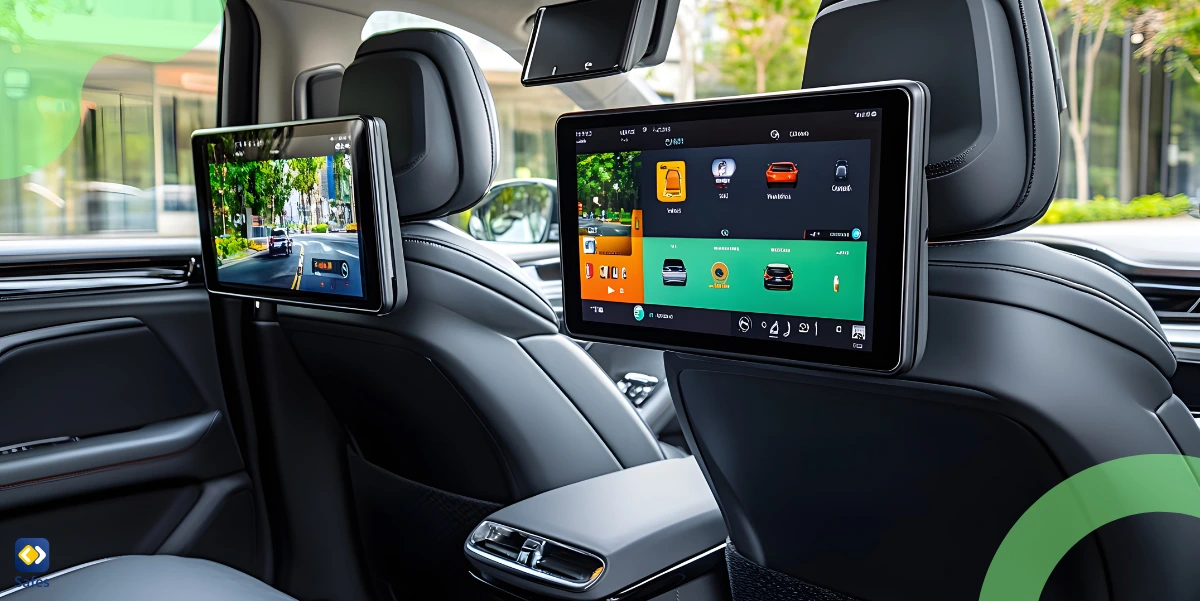 Two Tesla’s touchscreens showing different entertaining features.